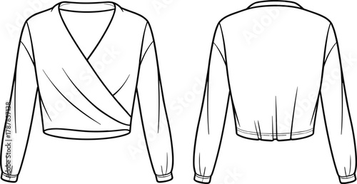 Long sleeve wrap top front and back flat fashion sketch vector template for women’s apparel design, technical clothing illustration