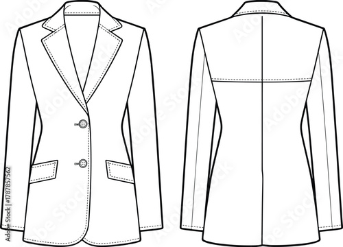 Women’s tailored blazer front and back flat fashion sketch vector template for apparel design, formal jacket technical clothing illustration