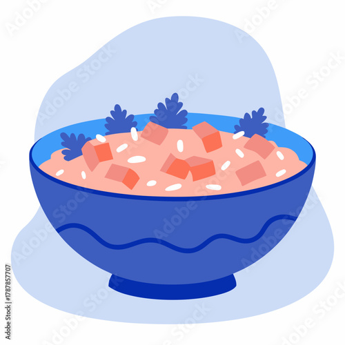 Pumpkin risotto in a bowl, delicious dish, creamy texture, blue background