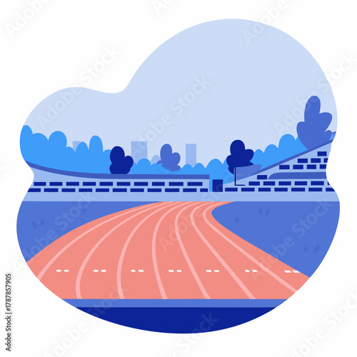 Running track in a stadium, athletic field, outdoor sports, blue background
