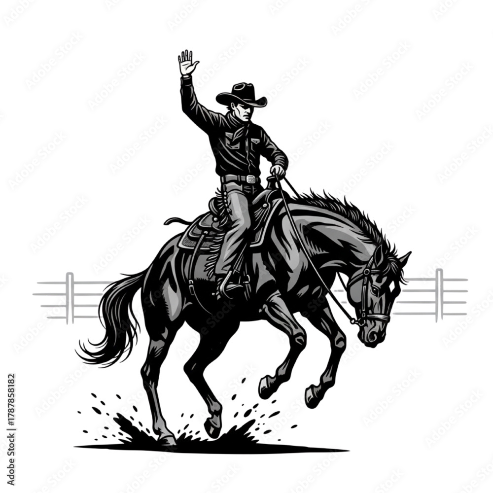 Fototapeta premium Black Silhouette Cowboy Waving Hat on Bucking Horse with Ranch Fence Vector Illustration