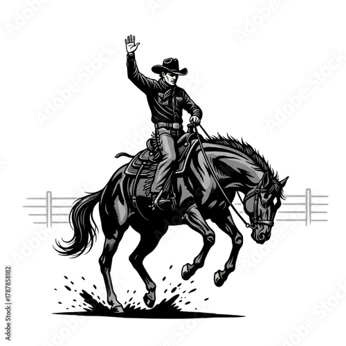Black Silhouette Cowboy Waving Hat on Bucking Horse with Ranch Fence Vector Illustration