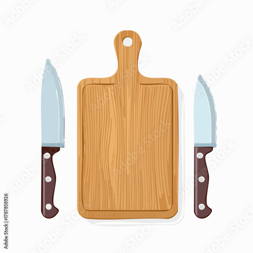 Wooden cutting board with knife