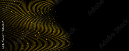 Shiny golden sparkling abstract background with wavy lines and dust particles. Minimal vector banner design