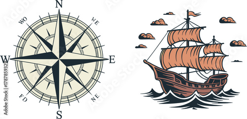 Vintage Nautical Compass and Sailing Ship Vector – Maritime Navigation Design Featuring Compass Rose and Classic Sea Vessel (Homo sapiens maritime culture)