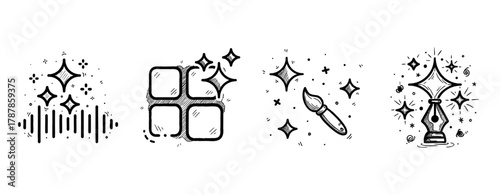 Hand-drawn magic elements with stars and sparkles in black and white