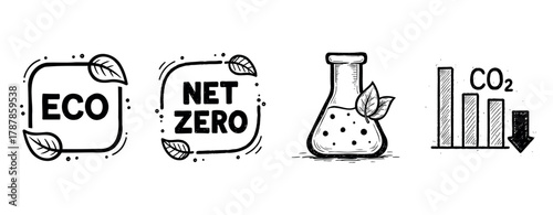 Eco-friendly icons: net zero, co2 reduction, and sustainability symbols