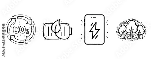 Sustainable energy icons: co2 reduction, eco battery, mobile energy, forest conservation