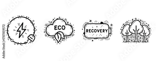 Eco-friendly energy: battery recovery, sustainable power, and nature conservation icons