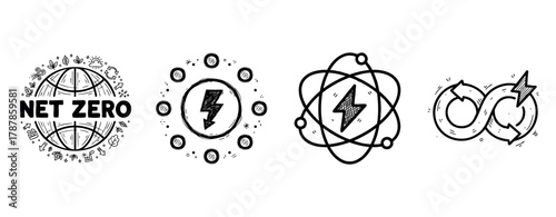 Net zero concept with energy symbols and sustainable practices doodles
