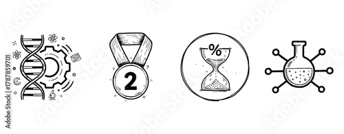 Science and achievement illustrations: dna, engineering, medal, time management, chemistry
