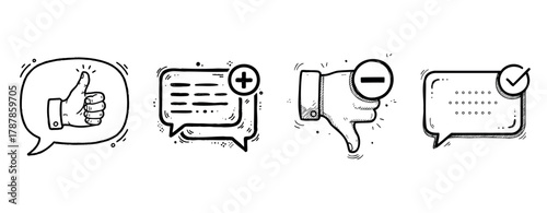 Hand-drawn icons of thumbs up and down with speech bubbles and symbols