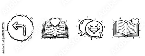 Whimsical icon set: books, heart, arrow, chat bubbles with emoji
