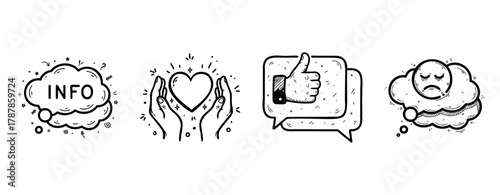 Info bubble, heart in hands, thumbs up, sad cloud icons in simple style