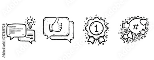 Social media icons with speech bubbles, thumbs up, award ribbon, and engagement symbols