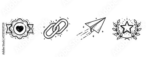 Heart badge, chain link, paper plane, and star emblem sketch illustrations