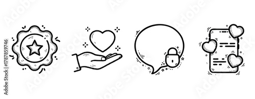 Hand-drawn icons of award, heart in hand, speech bubble, and heart messages