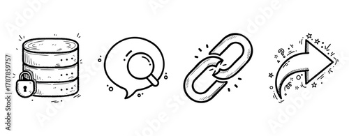 Hand-drawn data security, search, link, and navigation icons