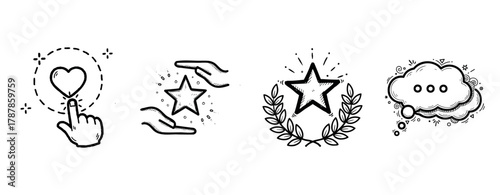 Set of hand-drawn icons: heart, star, laurel, and thought bubble