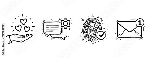 Hand holding hearts, chat bubbles, fingerprint with check, and email notification icons
