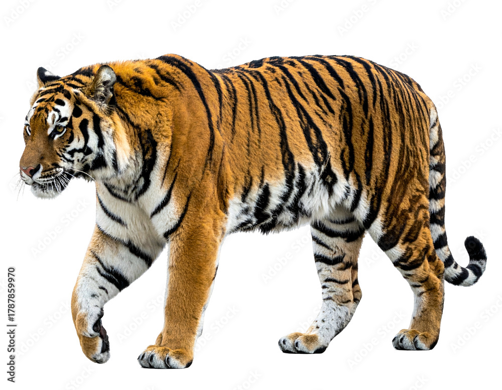 Obraz premium Majestic orange and black striped feline, walking confidently with a focused gaze
