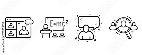 Digital communication and virtual learning icons set in black and white