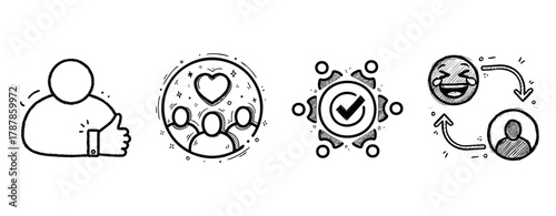 Hand-drawn icons of thumb up, community, verified check, and emoji interaction