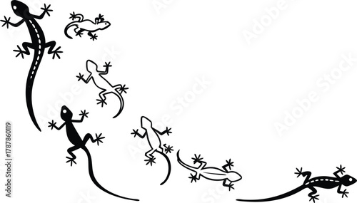 Dynamic gecko silhouettes in black and white artfully arranged, capturing movement and natural grace for vibrant designs.