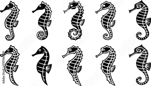 Captivating collection of stylized seahorse silhouettes, perfect for nautical designs and ocean-themed projects