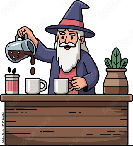 Cartoon wizard pouring coffee from glass percolator cups on wooden desk illustration