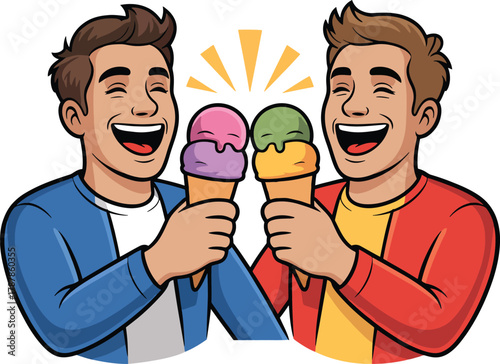 Cheerful young adult friends enjoying sweet frozen dessert cones laughing happily celebrating tasty summer refreshment.