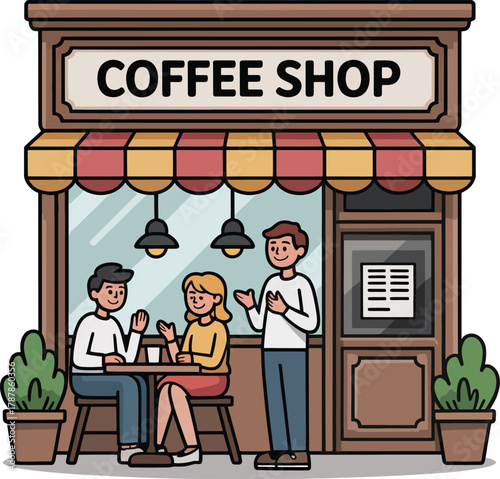 Coffee shop illustration with people talking and drinking standing and seated at table