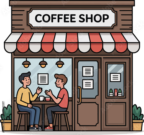 Coffee shop illustration with two men talking and drinking seated at small table