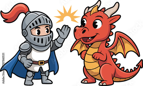 Cute cartoon knight and red baby dragon characters high five gesture transparent background
