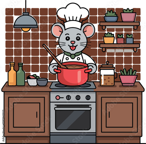 Cute cartoon mouse chef cooking food on stove kitchen background professional rodent character