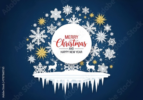 Merry christmas and happy new year greeting card with snowflakes and reindeer on dark blue background