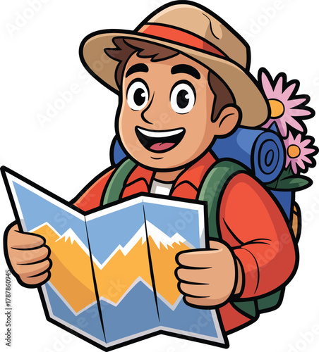 Happy cartoon traveler holding paper map backpacking adventure smiling outdoors exploring nature trails.