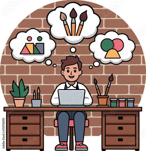 Male designer working on laptop thinking about creative ideas brushes colors and shapes