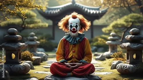 circus clown in a peaceful setting of a garden temple, sitting in meditation