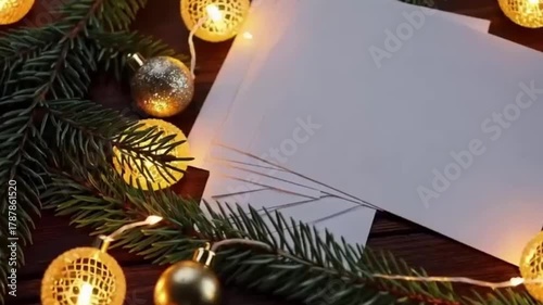 mockup of blank white cards with Christmas balls on a table