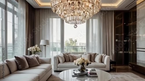 Modern interior design of a luxury living room with a fireplace, comfortable sofa, and elegant furniture