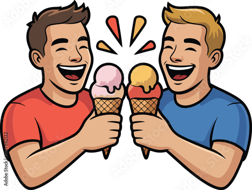 Two young men laughing excitedly holding up scoops of ice cream cones celebrating delicious summer frozen dessert.