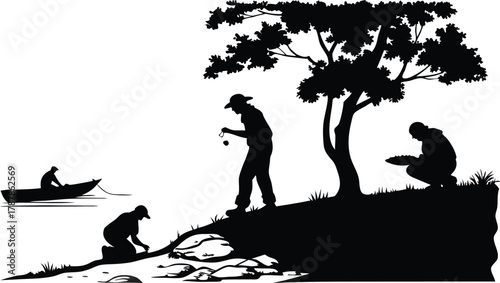 Serene lakeside scene with silhouetted figures enjoying peaceful fishing and gathering by a large tree