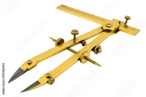 Vintage brass proportional divider for drafting and measurement on a transparent background