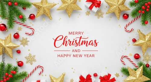 Merry christmas and happy new year greeting card with ornaments, stars, and candy canes on white background