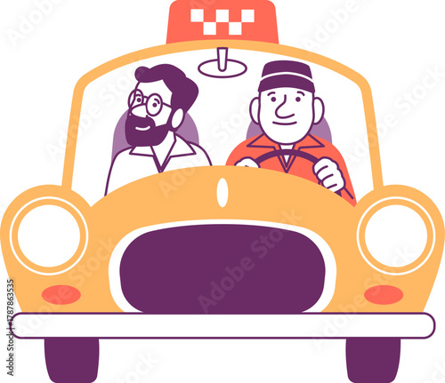 Taxi driver and passenger in yellow cab, flat vector illustration.