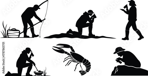 Dynamic silhouettes capture diverse outdoor pursuits from fishing to foraging, showcasing active lifestyles and nature connection