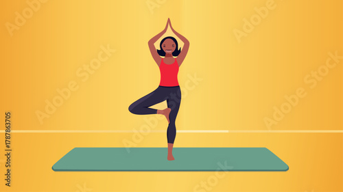 A woman gracefully performs the Vrikshasana yoga pose, balancing on one leg with hands pressed together above her head on a yoga mat.