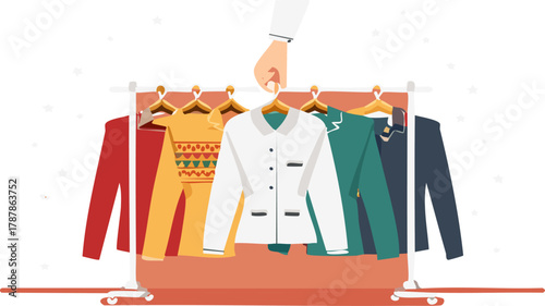 A hand selects a white uniform shirt from a rack of diverse colorful clothing items, showcasing a wardrobe selection.
