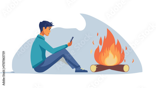 Illustrated young man sitting by a warm campfire, engrossed in his smartphone during an outdoor leisure activity.